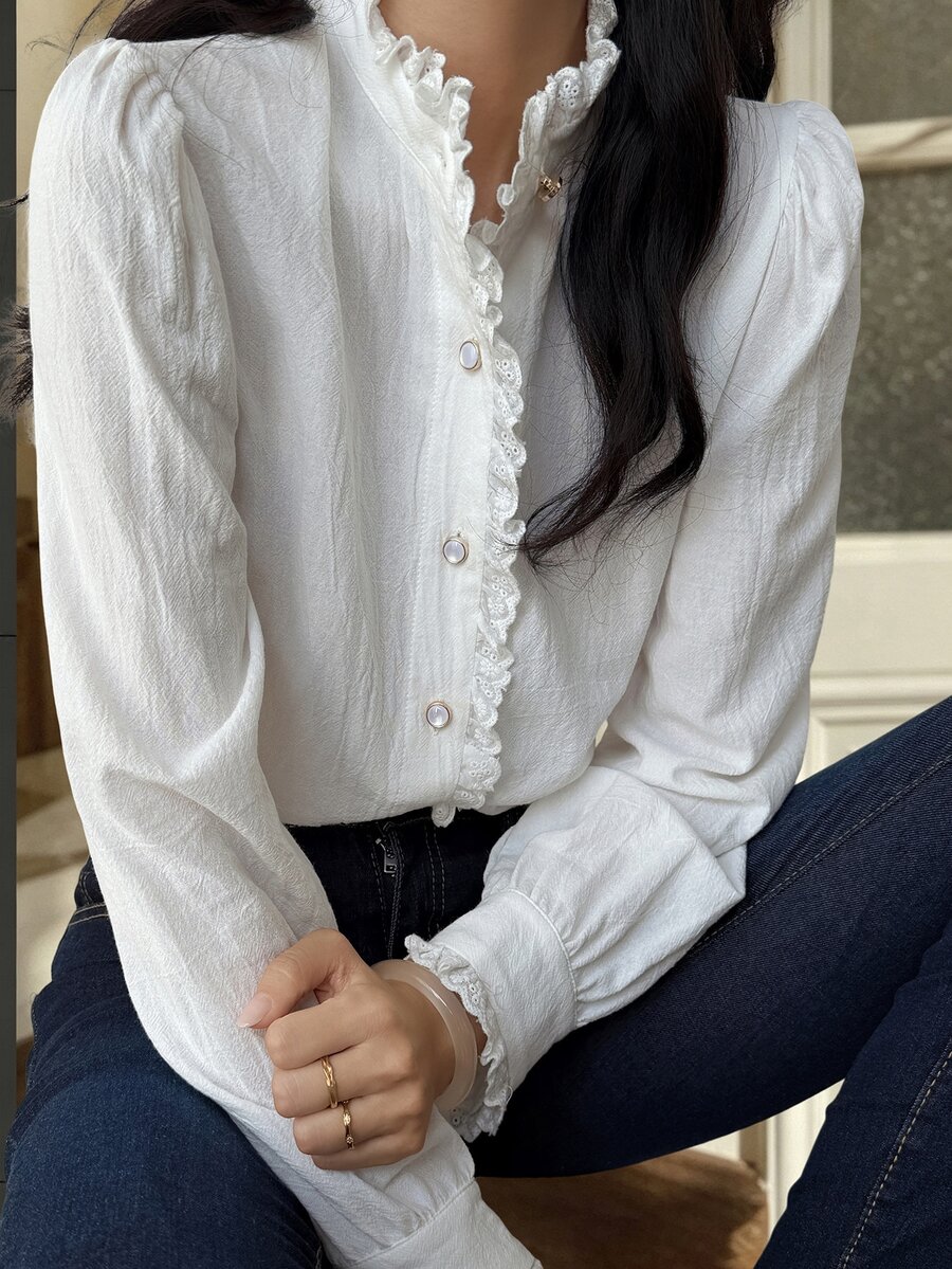 DAZY Solid Color Loose Ruched Ruffle Long Sleeve Princess Sleeve Casual Vacation Korean Style Girl Spring Autumn Blouse Women Shirt - White - View 1
