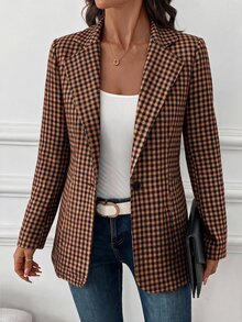 SHEIN Clasi Women's Plaid Lapel Neck Long Sleeve Casual Blazer - Rust Brown - View 5