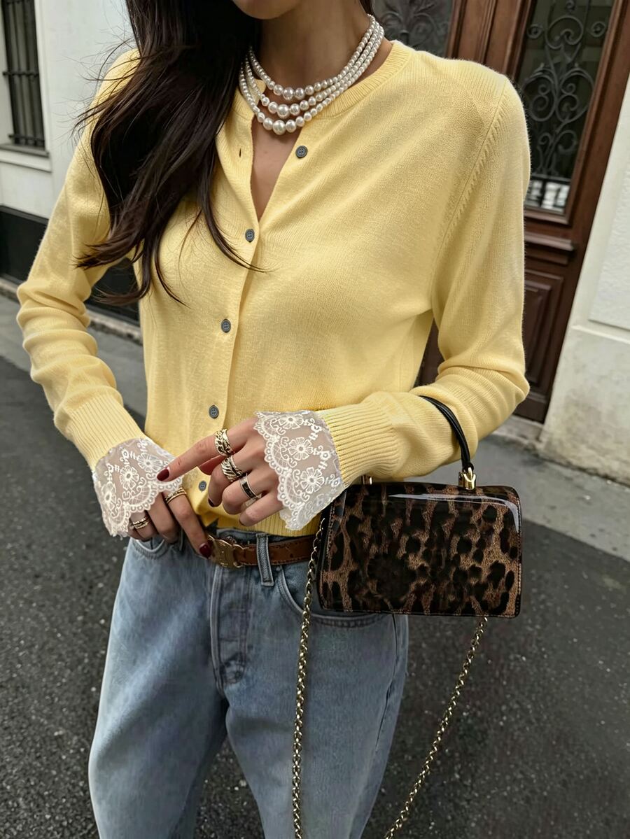 Cévolie Women's Contrast Lace Cuff Single-Breasted Thin Knit Cardigan - Yellow - View 1