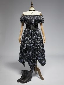 ROMWE Goth Plus Allover Print Off Shoulder Lace Up Corset Waist Asymmetrical Hem Dress - Multicolor - View 1