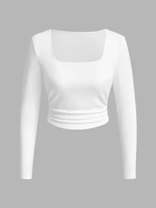 SHEIN LUNE 2-Pack Of Women's Solid Color Square Neck Long-Sleeved Ruched Casual T-Shirts - White - View 5