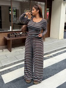 Muchica Plus Size Women's Button Design Striped Long Sleeve T-Shirt And Wide Leg Pants Casual 2 Pieces Set - Multicolor - View 1