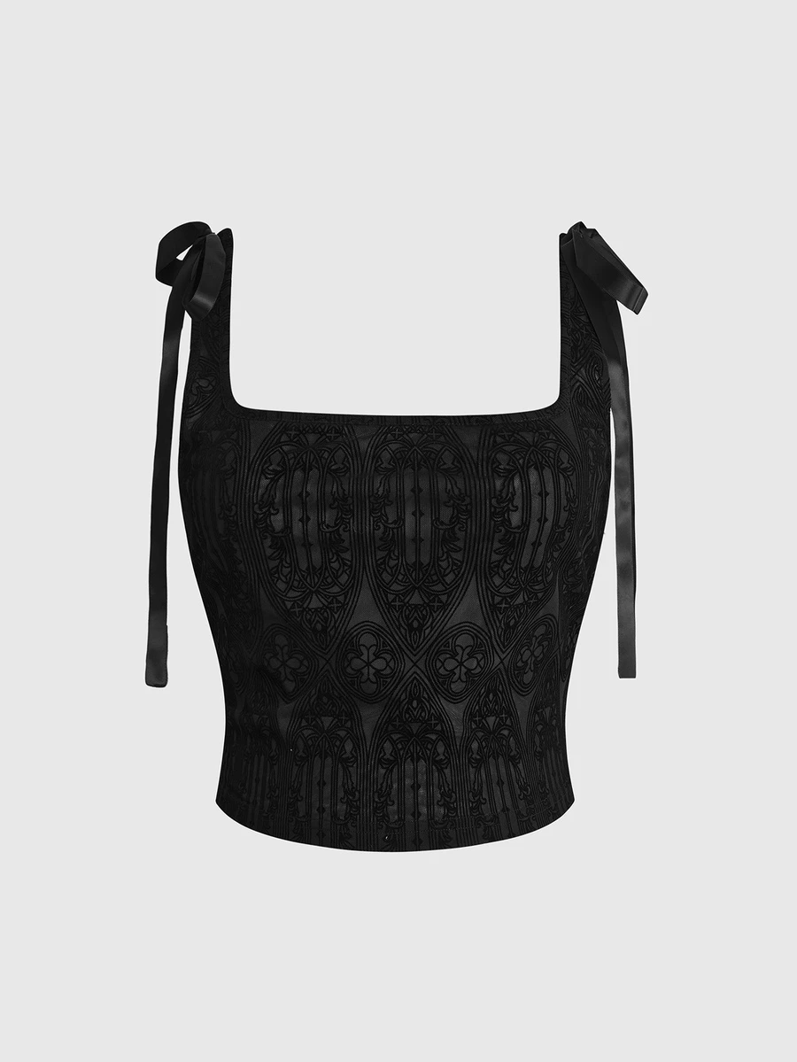 ROMWE Dark Gothic Court Style Church Window Pattern Flocked Sheer Fitted Tank Top Plus Size Camisole - Black - View 1