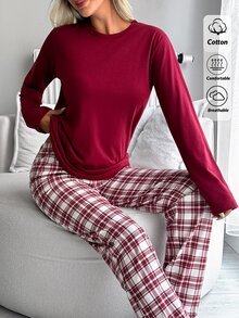 SHEIN طقم بيجامة نسائي مقاس كبير بتيشيرت نوم بلون عنابي وبنطال بيجامة بنقشة مربعات - عنابي اللون - مشاهدة 5