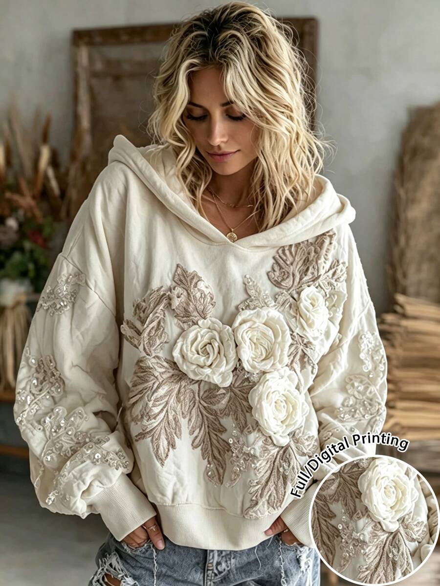 Glimmora Sweatshirt Hoodie Wanita Musim Gugur/Dingin Terbaru 2026 dengan Bordir Mawar dan Motif Cetak, Model Longgar dan Santai - Aprikot - View 1