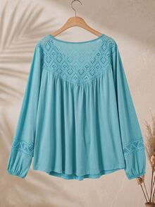 Rusticease Women's Plus Size Vacation Casual Boho Lace Hollow Patchwork Long Sleeve T-Shirt High Tea Vacation Light Blue Fall Beach Going Out - Blue - View 3