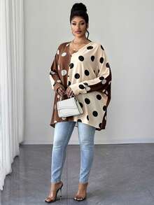 Maweii Plus Size Women's Colorblock Polka Dot Patchwork Sheer Split Batwing Sleeve Sexy Long Sleeve Blouse - Multicolor - View 5