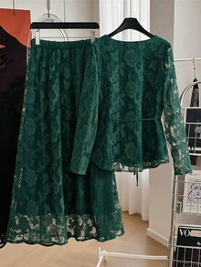 Modelyn Mesh Embroidered Dark Green Top And Skirt Set, Elegant Fashionable Lady Style, High-End Long Sleeve Plus Size 2 Pieces Outfit - Dark Green - View 2