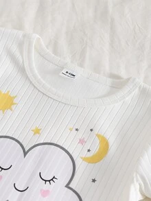 Baby Girl Round Neck Contrast Color Frill Trim Cloud & Star Print Ribbed Top With Ribbed Matching Print Pants Loungewear Set - Multicolor - View 4