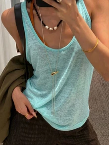 Livesso 女款修身寬鬆休閒圓領寬肩帶白色百搭背心 - 綠色 - 查看 1