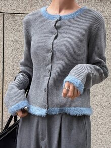 FRIFUL Women's Autumn Contrast Color Slimming Cardigan - Grey - View 3