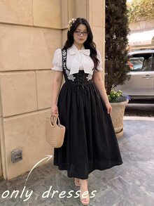 SHEIN CURVE+ 大尺碼女款花卉刺繡低領腰部綁帶設計優雅無袖洋裝 - 黑色 - 查看 8