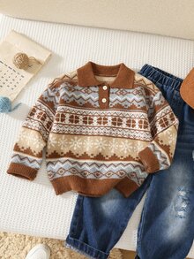 SHEIN Young Boy Collared Long Kids Sleeve Patterned Autumn Sweater - Multicolor - View 3
