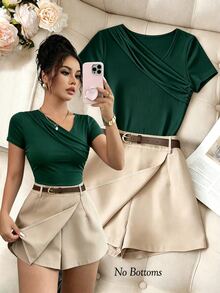 SHEIN Raffinéa 女款時尚短袖領口疊層休閒通勤T恤 - 墨綠色 - 查看 1