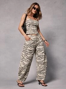 Hauture Quần jean denim ống rộng suông kẻ sọc thời trang nữ - Đen và trắng - Xem 4
