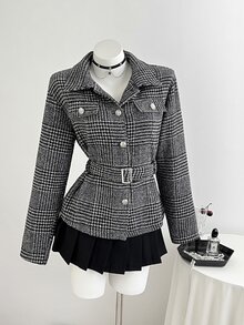 Elamini Jaket Pendek Wol Vintage Wanita Musim Gugur/Dingin - Hitam - View 1