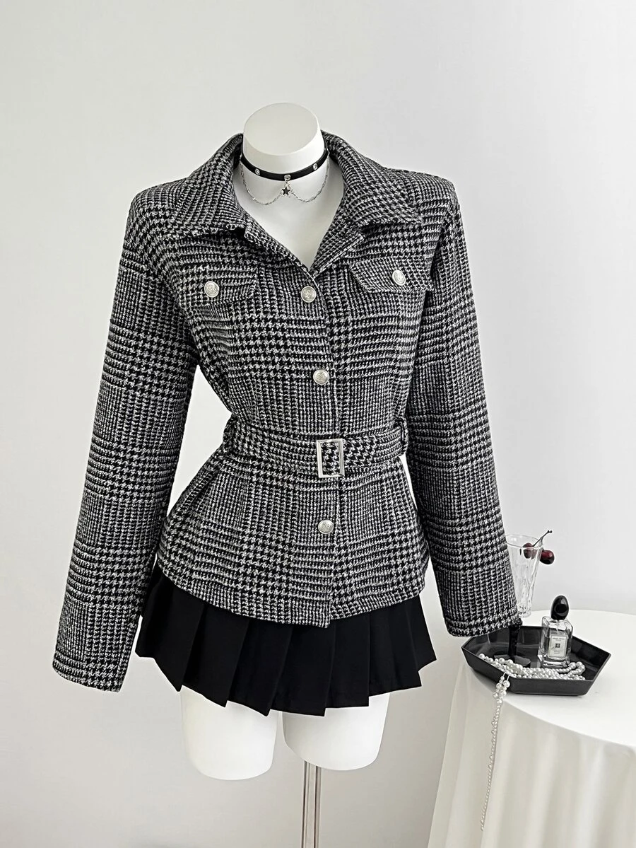 Elamini Jaket Pendek Wol Vintage Wanita Musim Gugur/Dingin - Hitam - View 1