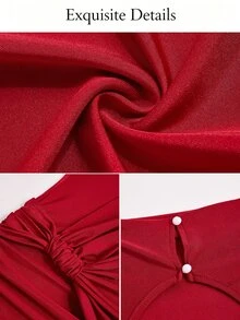 SOLERSUN Women's Autumn/Winter Party Dress, Red Shiny Fabric, High Neck, Sleeveless, Backless, Ribbon Decor, Ruched Hip, Extra Long - Burgundy - View 10
