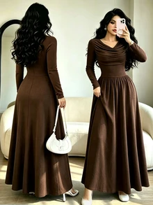 SHEIN Elenzya فستان ميدي ضيق بأكمام طويلة للنساء - بني - مشاهدة 4