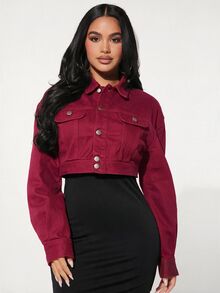 SHEIN SXY 女款前扣長袖牛仔夾克 - 酒紅色 - 查看 3