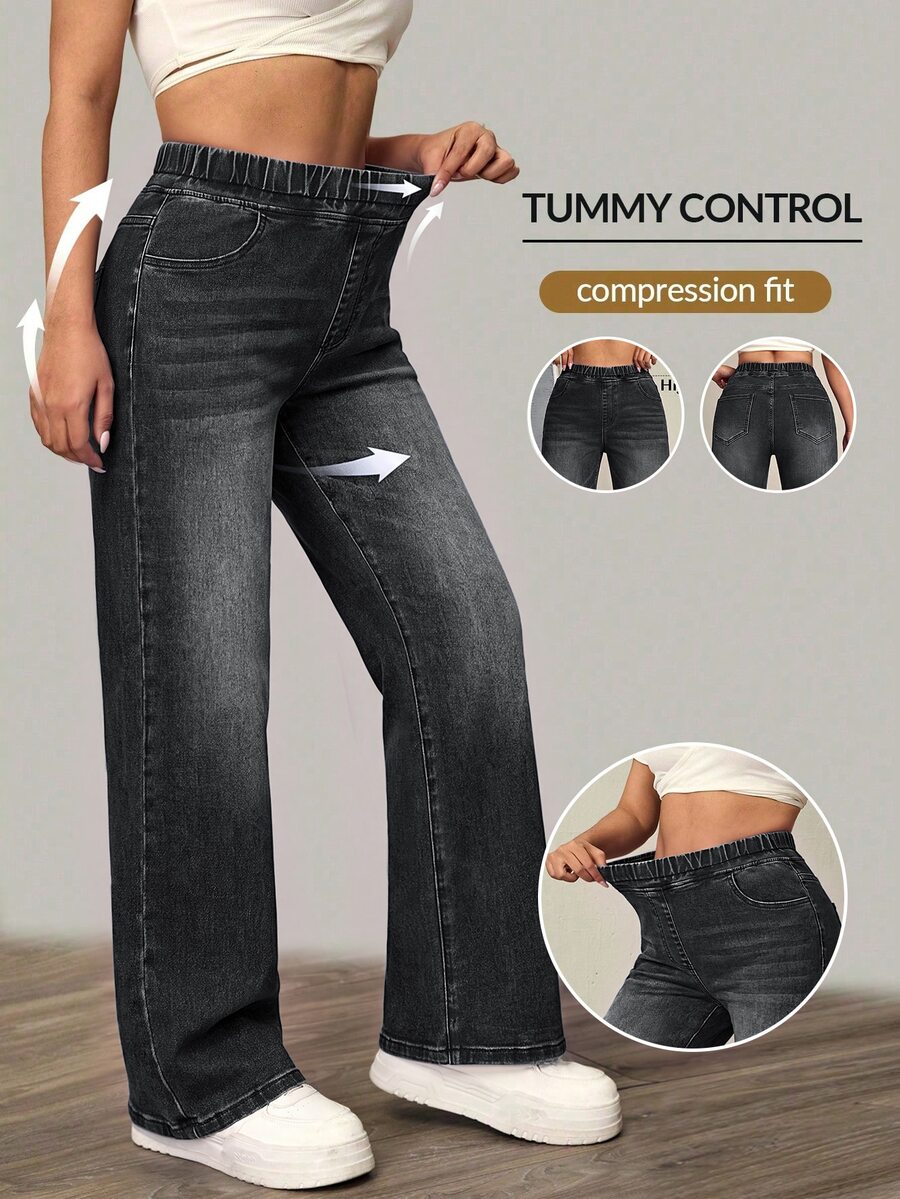 Selenza Plus Size Women's Elastic Waist Casual Daily Wear Denim Jeans - Black - View 1