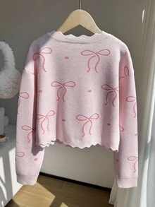 SHEIN 女童秋冬時尚百搭短版粉色提花蝴蝶結＋手工蝴蝶結開襟衫，蝴蝶與鈕扣細節增添甜美優雅感，柔軟面料易搭配長褲與裙裝，適合派對、外出、購物、上學等多種場合的秋冬時尚單品 - 粉色 - 查看 2