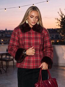 Auralis Christmas Plaid Wool Print Slim Fit Patchwork Fur Collar Jacket/Plus Size Long Sleeve Autumn/Winter Vintage Jacket - Red - View 6