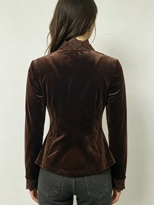SHEIN Women's Elegant Velvet Fabric Lace Patchwork Commuter Party Casual Jacket - Brown - View 2