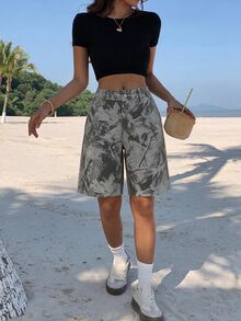SHEIN PETITE 女款寬鬆休閒百慕大牛仔短褲，附樹枝圖案 - 彩色 - 查看 6
