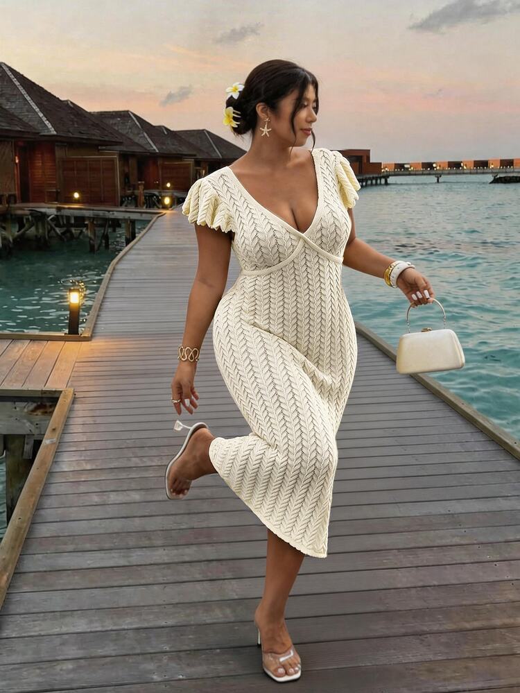 Firerie Plus Size Women's Elegant Romantic Vacation Long Knit Sweater Dress With Flutter Sleeves In Pale Yellow, Suitable For Spring And Summer Travel - Beige - View 8