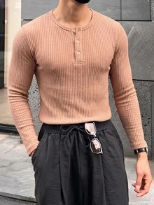 DAZY 春秋款棕色羅紋彈性布料長袖圓領修身男士長袖T恤 - 棕色 - 查看 4