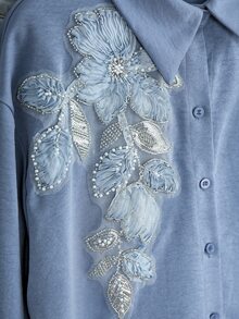 Modelyn Floral Decor Long Sleeve Loose Fit Elegant Commuter Fashion Haze Blue Plus Size Blouse - Dusty Blue - View 6