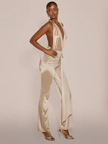 MUSERA Slinky Metallic Golden V Plunge Bust Ruched Waist Fitted Flare Jumpsuit Sexy Evening Night Going Out Fall Winter Autumn Solitude - Khaki - View 3