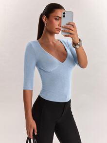 SHEIN BAE 女款柔軟舒適羊絨長袖上衣，適合日常穿著、返校穿搭、通勤與辦公室穿著，秋冬季 - 淺藍色 - 查看 5