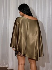 Rustia Plus Size Shiny Asymmetrical Shoulder Loose Fit Blouse, Autumn/Winter - Coffee Brown - View 2