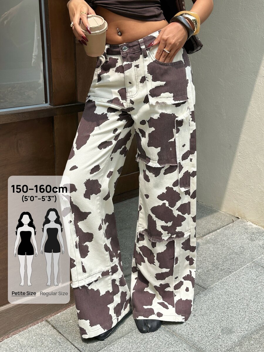Rivivi Petite Women's High Waist Cow Print Wide Leg Jeans - Multicolor - View 1
