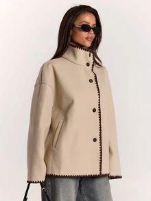 SHEIN BAE Women's Long Sleeve Contrast Trim Button Drop Shoulder High Neck Jacket - Khaki - View 5