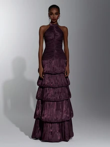 Elitara Elegant Coffee Brown Shiny Satin Stand Collar Backless Multi-Layer Ruffle A-Line Evening Gown - Coffee Brown - View 7