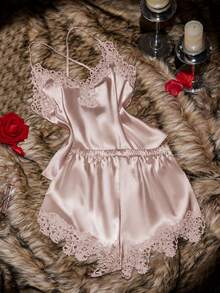 SilkySpell Women's Lace Trim V-Neck Backless Faux Silk Camisole & Shorts Pajama Set - Champagne - View 1