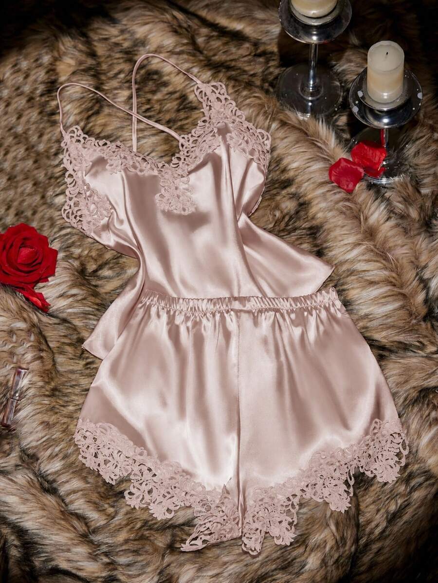 SilkySpell Women's Lace Trim V-Neck Backless Faux Silk Camisole & Shorts Pajama Set - Champagne - View 1