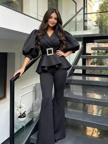 Franclia 女款V領燈籠袖上衣與長褲休閒日常兩件套 - 黑色 - 查看 5