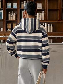 Muchica Women's Striped Pattern Hooded Drop Shoulder Sweatshirt, Casual Commute - Multicolor - View 2