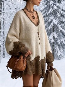 INAWLY Bohemian Lace Patchwork V-Neck Loose Knit Sweater Women Vintage Long Sleeve Drop Shoulder Mid-Length Pullover - Apricot - View 3