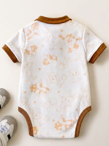 LOONEY TUNES X SHEIN Baby Boy Cute Casual Knit Colorblock Cartoon Pattern Collared Bodysuit - Beige - View 2
