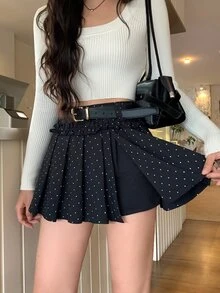 DAZY Women's Polka Dot Print Button Korean Style Pleated Skirt - Black - View 5