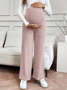 SHEIN 孕婦純色可調腰圍休閒日常長褲 - 藕粉色 - 查看 4