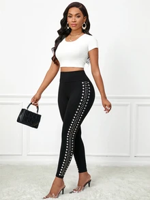 SHEIN Lady Women's Studded Decor Casual Daily Slim Fit Leggings - Black - View 6