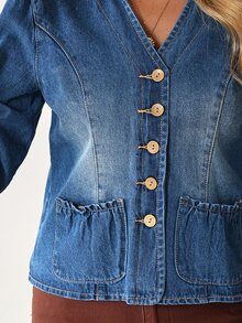 EMERY ROSE Women's 3/4 Sleeve Single-Breasted Casual Denim Jacket - Blue - View 10