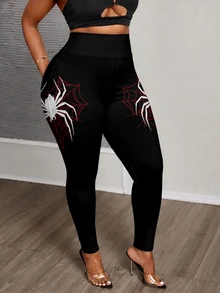 Slaydiva Plus Size Women Spider Print Black Leggings Halloween - Multicolor - View 5