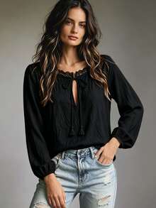 LUMIGAL Women's Keyhole Neckline Lace Patchwork Bowknot Casual Fashion Long Sleeve Blouse - Black - View 4